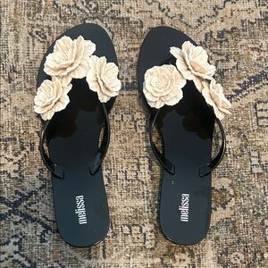 Melissa Harmonic Springtime - Black Sandals with Cream Floral Accents